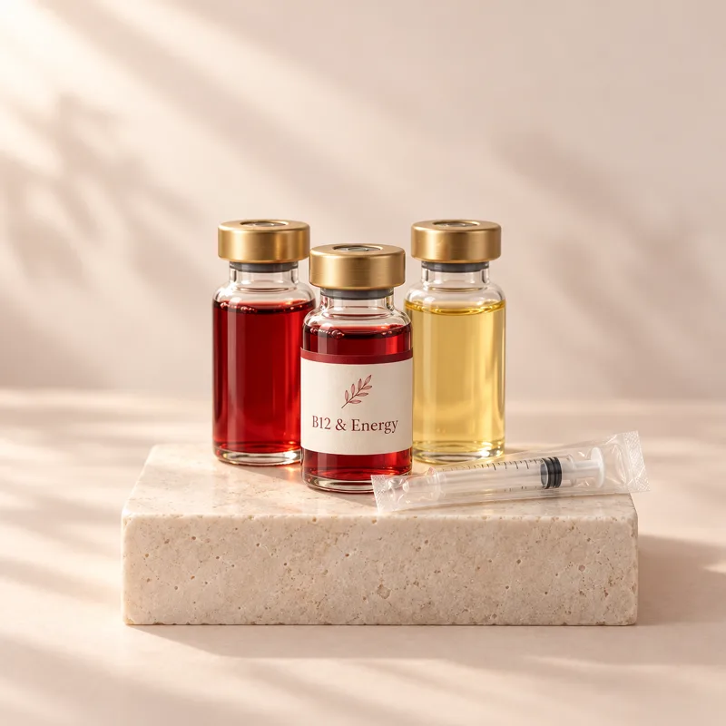 Glass vials of B12 and energy booster shots on a cream stone plinth