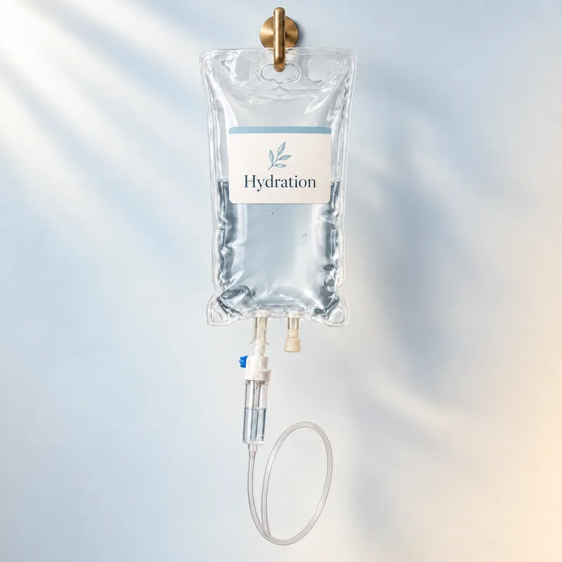 A Hydration IV bag hanging from a brass hook