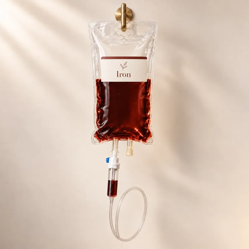A Iron Infusion IV bag hanging from a brass hook