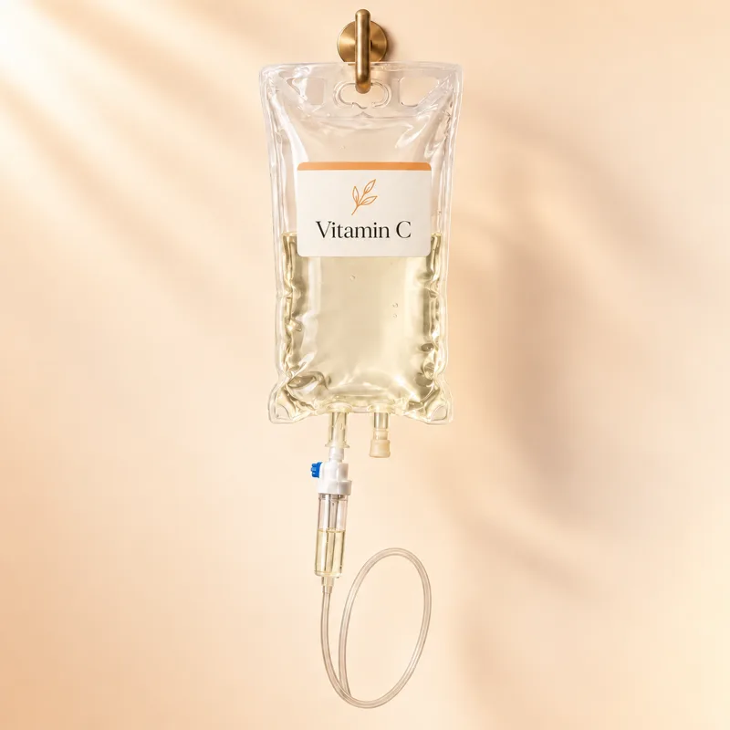 A Mega Vitamin C IV bag hanging from a brass hook